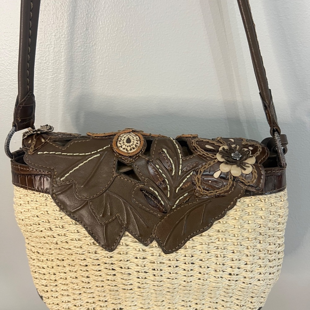 Brighton Cassia Nat Leather 3D Floral Handbag Shoulder Purse Ivory Brown Charms - Picture 6 of 11